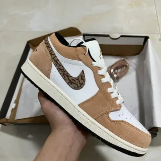 Air Jordan 1 Low Tan and White Camo Swoosh Lifestyle Sneakers