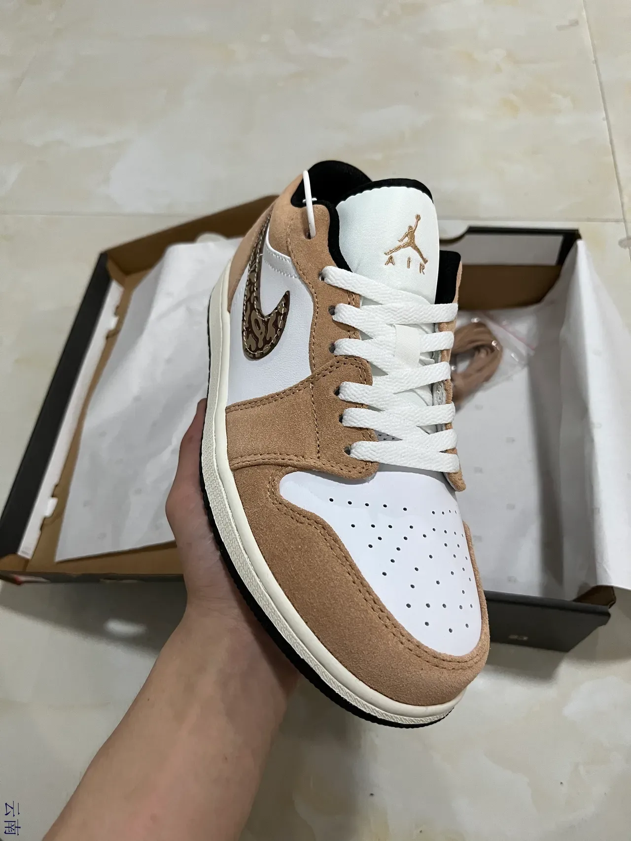 Air Jordan 1 Low Tan and White Camo Swoosh Lifestyle Sneakers 2