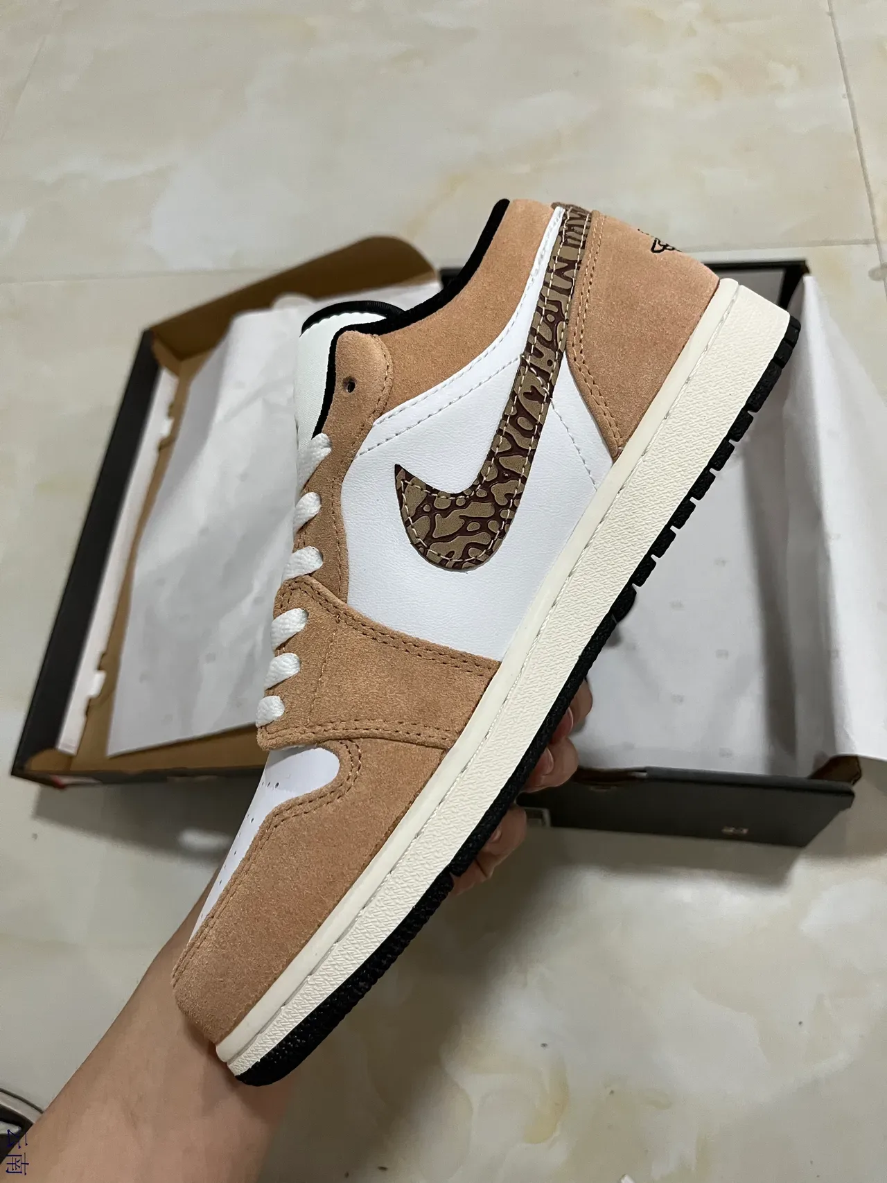 Air Jordan 1 Low Tan and White Camo Swoosh Lifestyle Sneakers 4