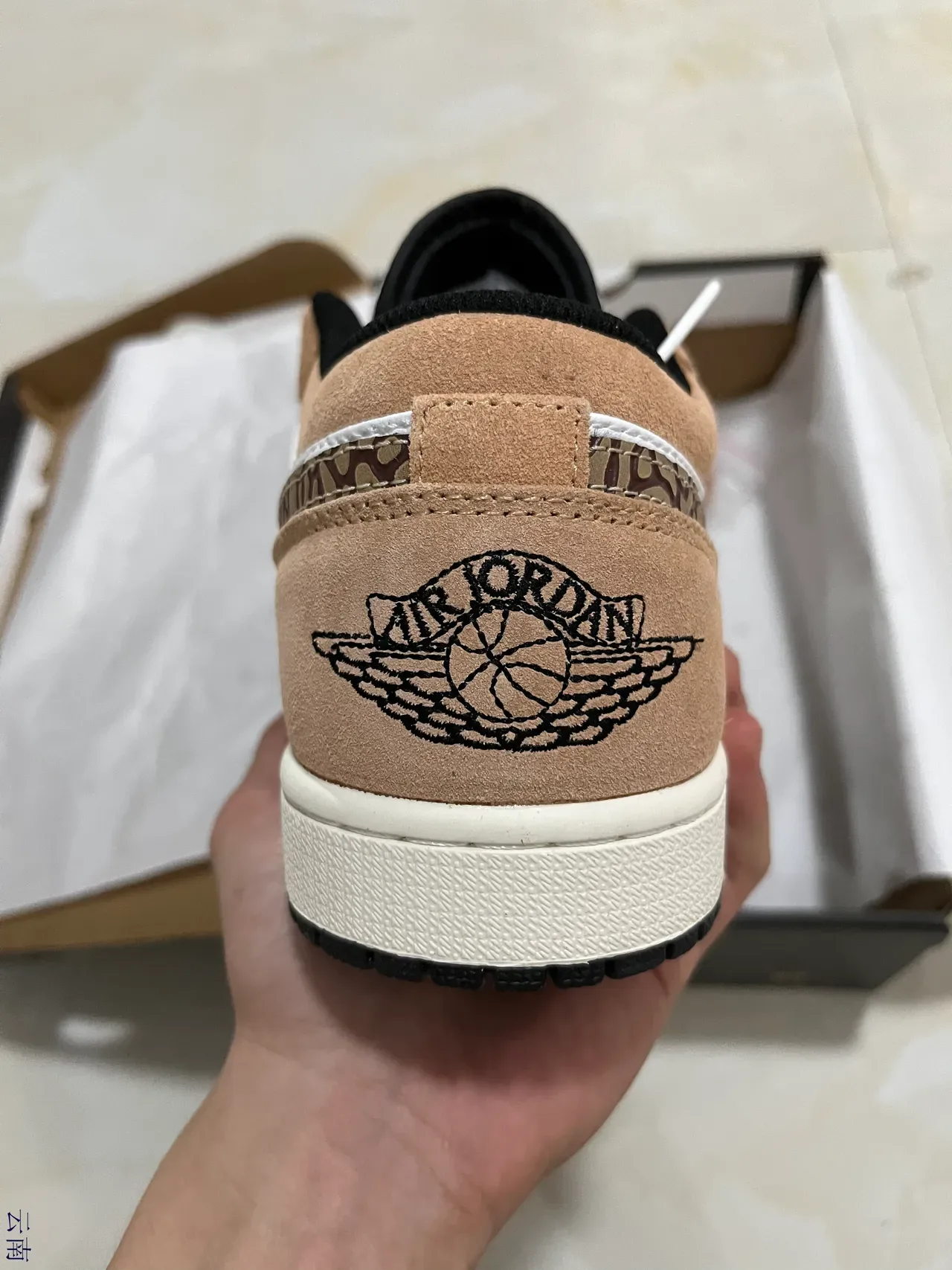 Air Jordan 1 Low Tan and White Camo Swoosh Lifestyle Sneakers 6