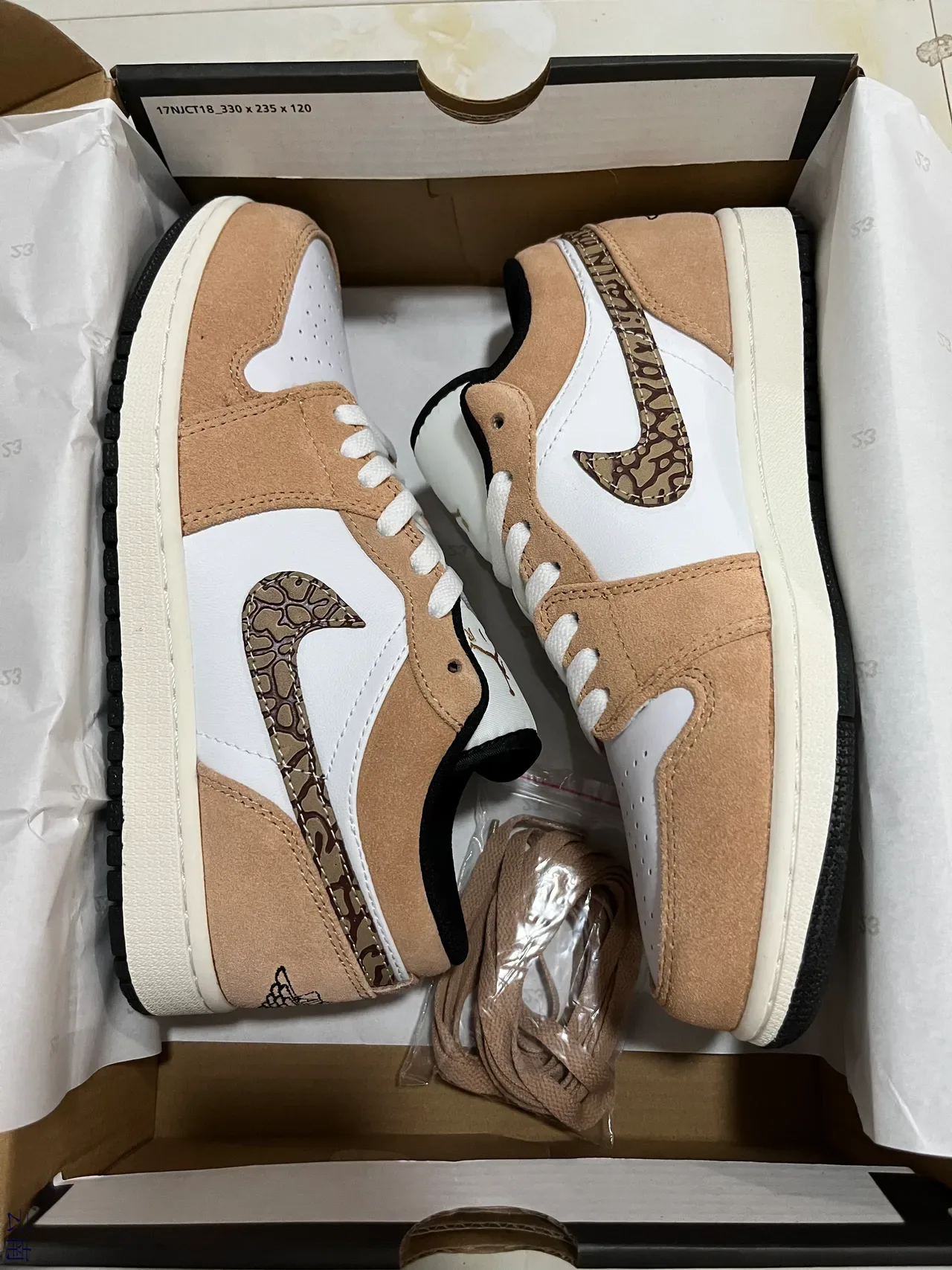 Air Jordan 1 Low Tan and White Camo Swoosh Lifestyle Sneakers 7