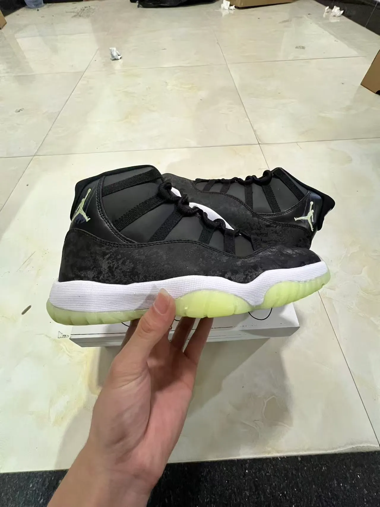 Air Jordan 11 Black White Lime Green Basketball Shoes 7