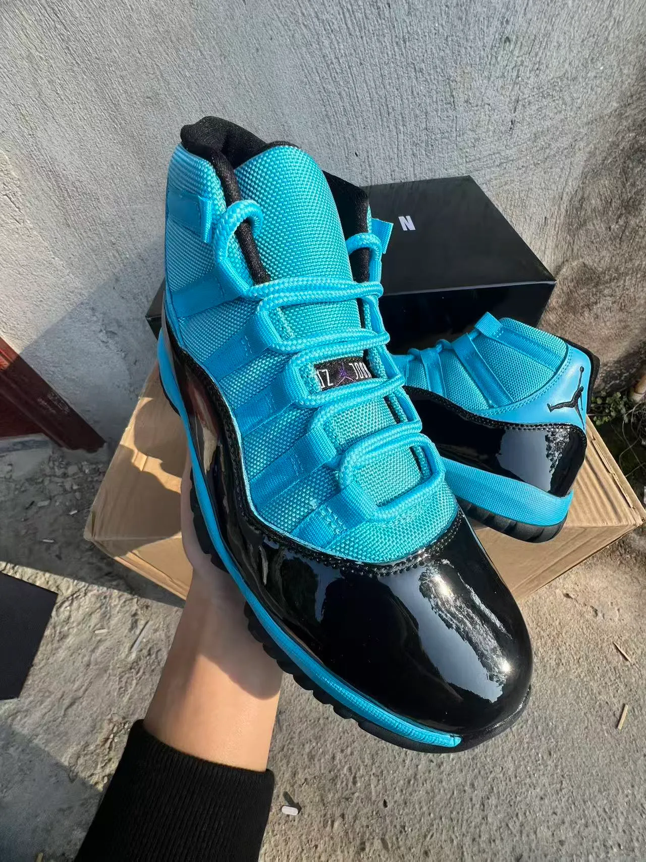 Air Jordan 11 Cyan and Black Patent Leather Basketball Shoes 2
