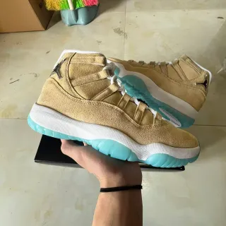 Air Jordan 11 Tan and Aqua Suede High-Top Basketball Shoes