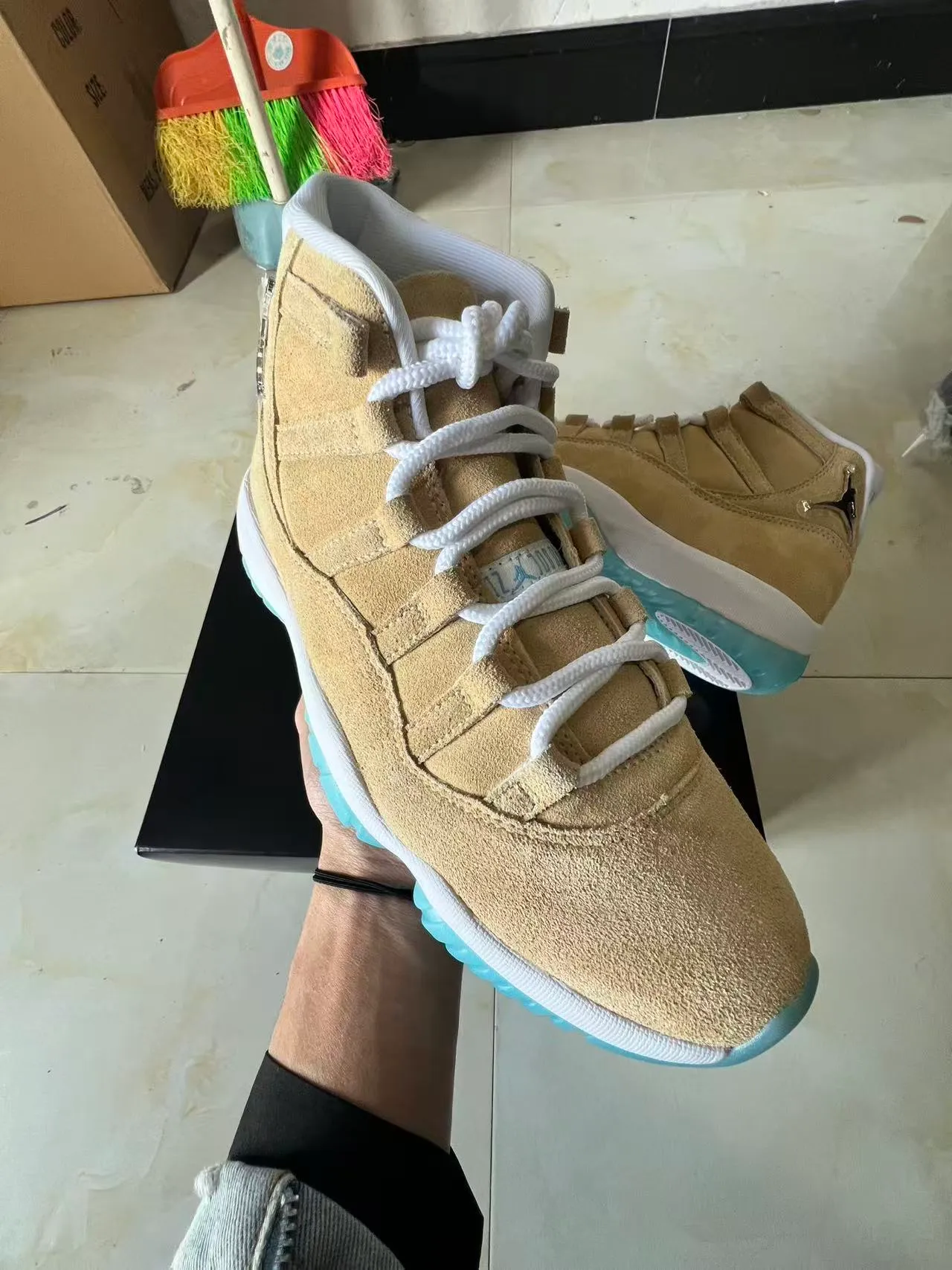 Air Jordan 11 Tan and Aqua Suede High-Top Basketball Shoes 2