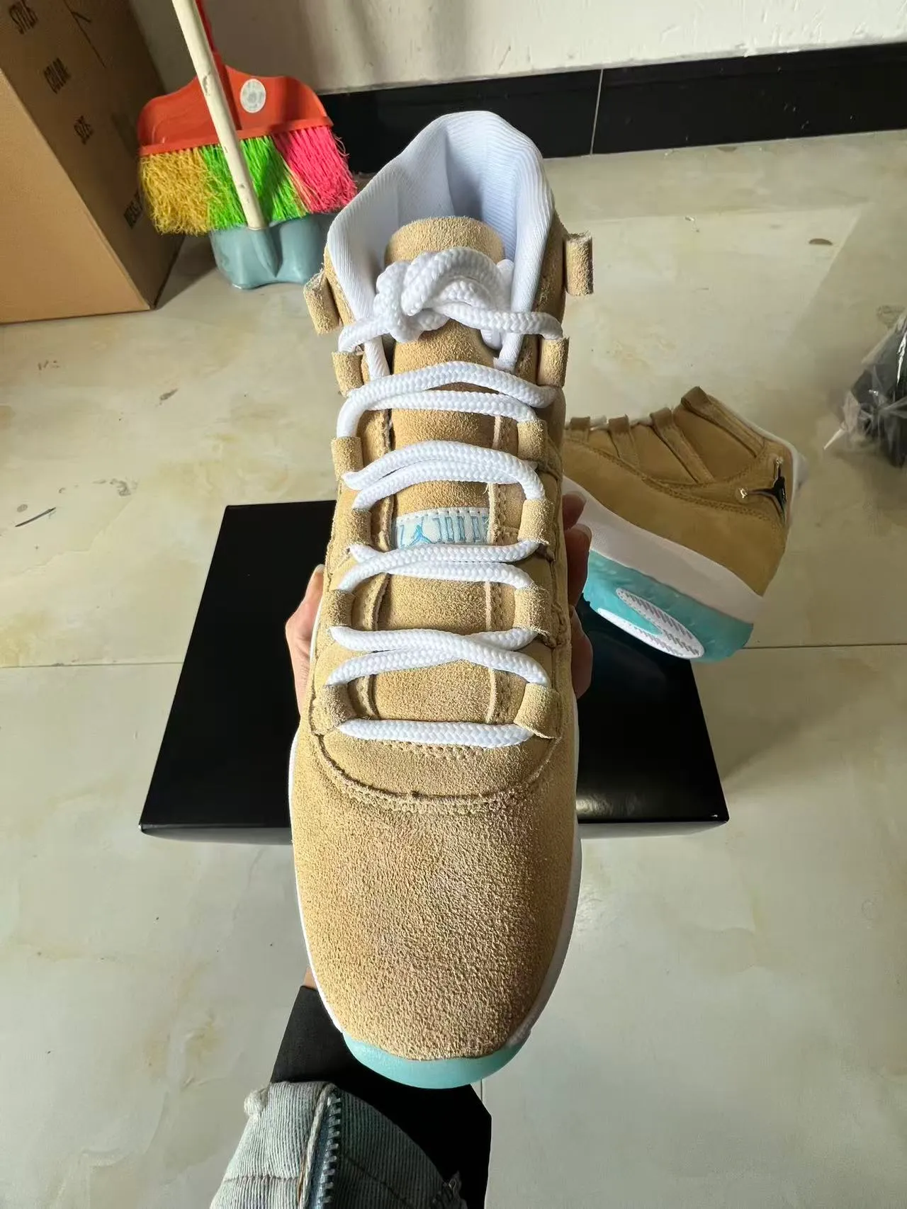 Air Jordan 11 Tan and Aqua Suede High-Top Basketball Shoes 3