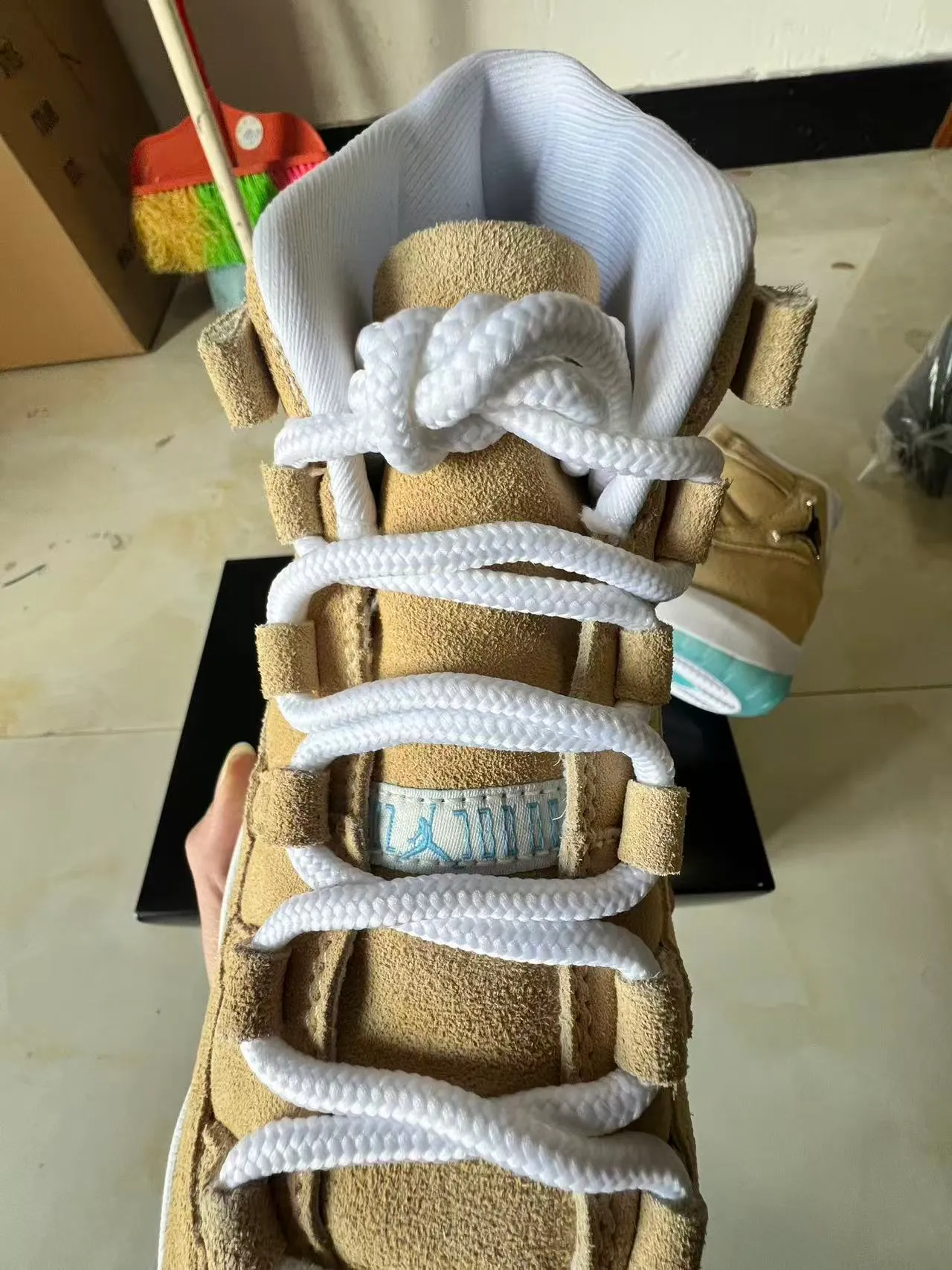 Air Jordan 11 Tan and Aqua Suede High-Top Basketball Shoes 4