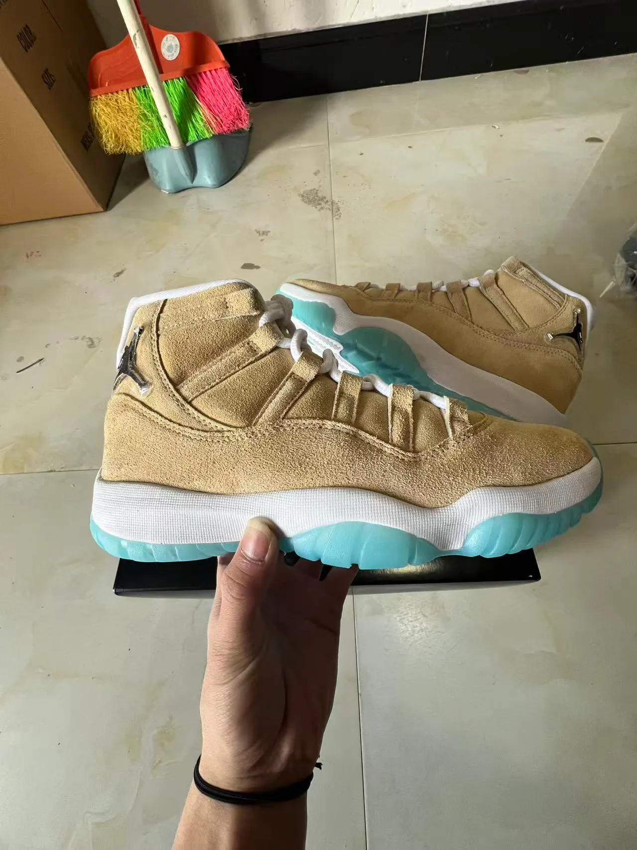 Air Jordan 11 Tan and Aqua Suede High-Top Basketball Shoes 7
