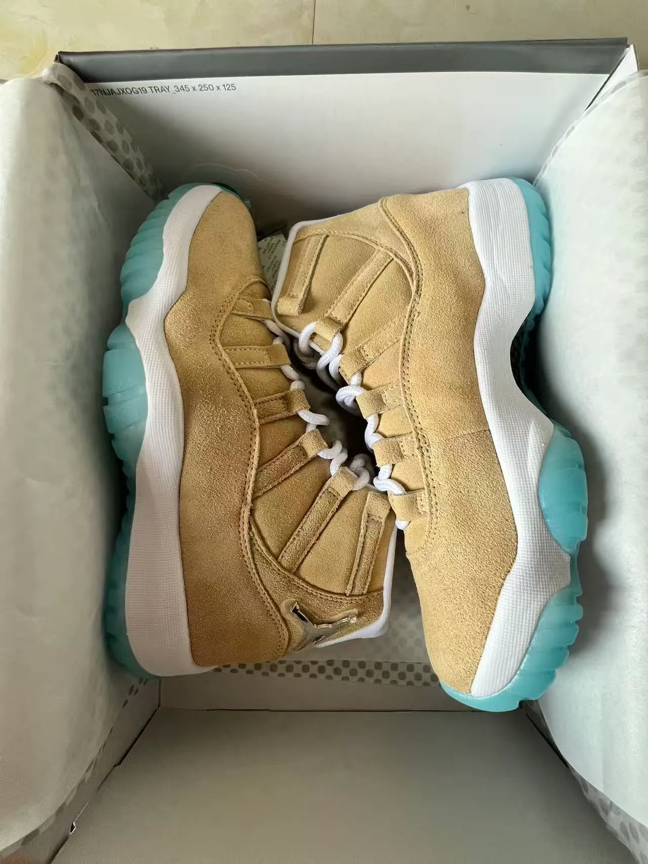 Air Jordan 11 Tan and Aqua Suede High-Top Basketball Shoes 9