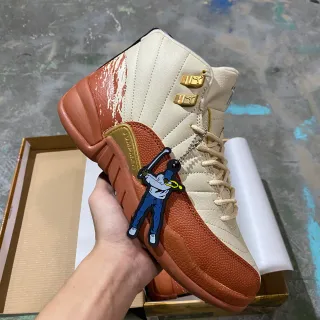 Air Jordan 12 Cream and Terracotta Distressed Leather Basketball Shoes