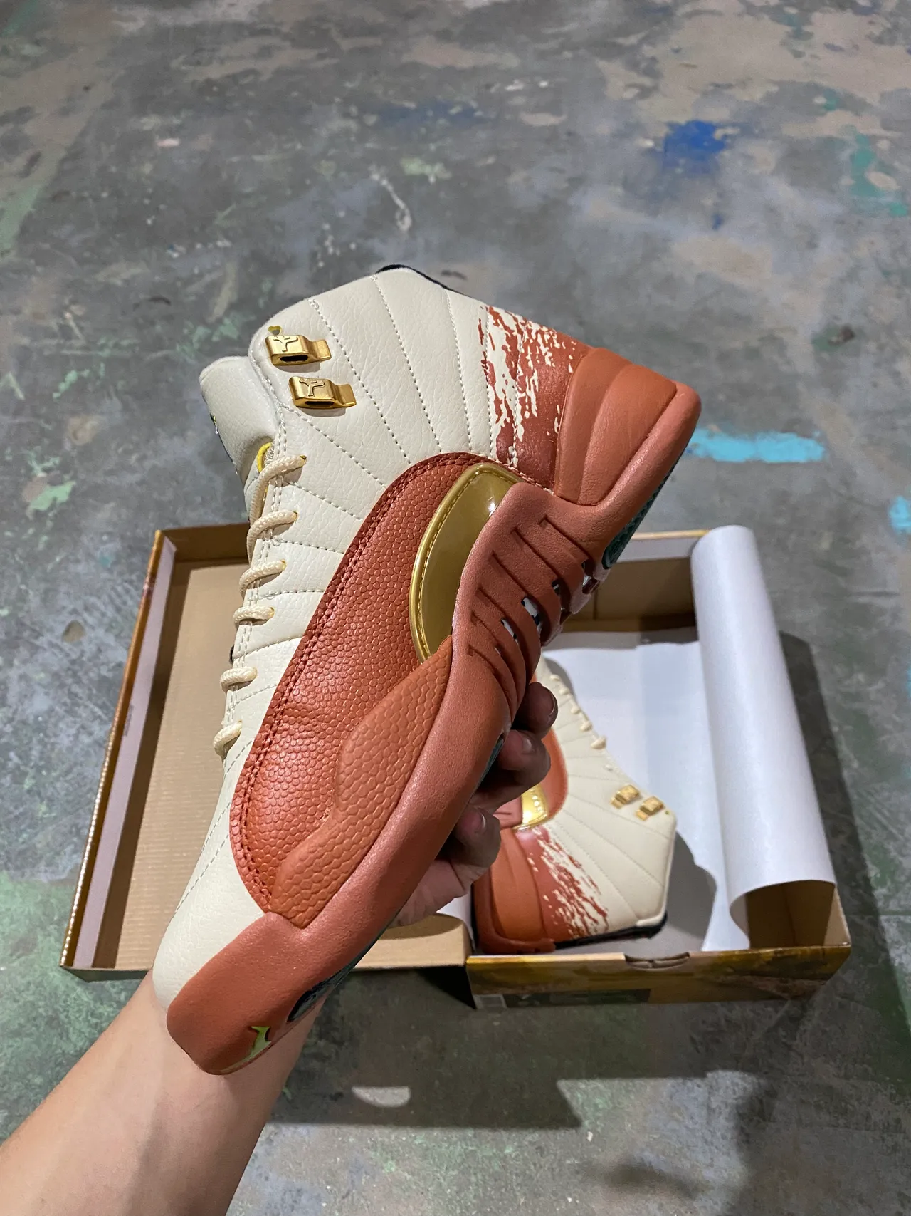 Air Jordan 12 Cream and Terracotta Distressed Leather Basketball Shoes 4