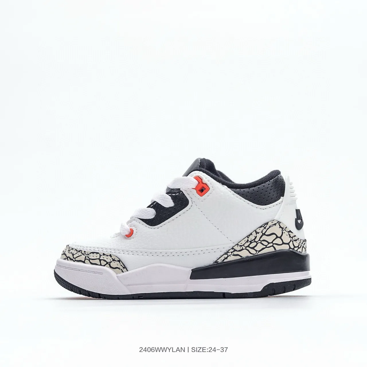 Air Jordan 3 बच्चों के सफ़ेद नारंगी एलिफ़ेंट प्रिंट बास्केटबॉल जूते 5