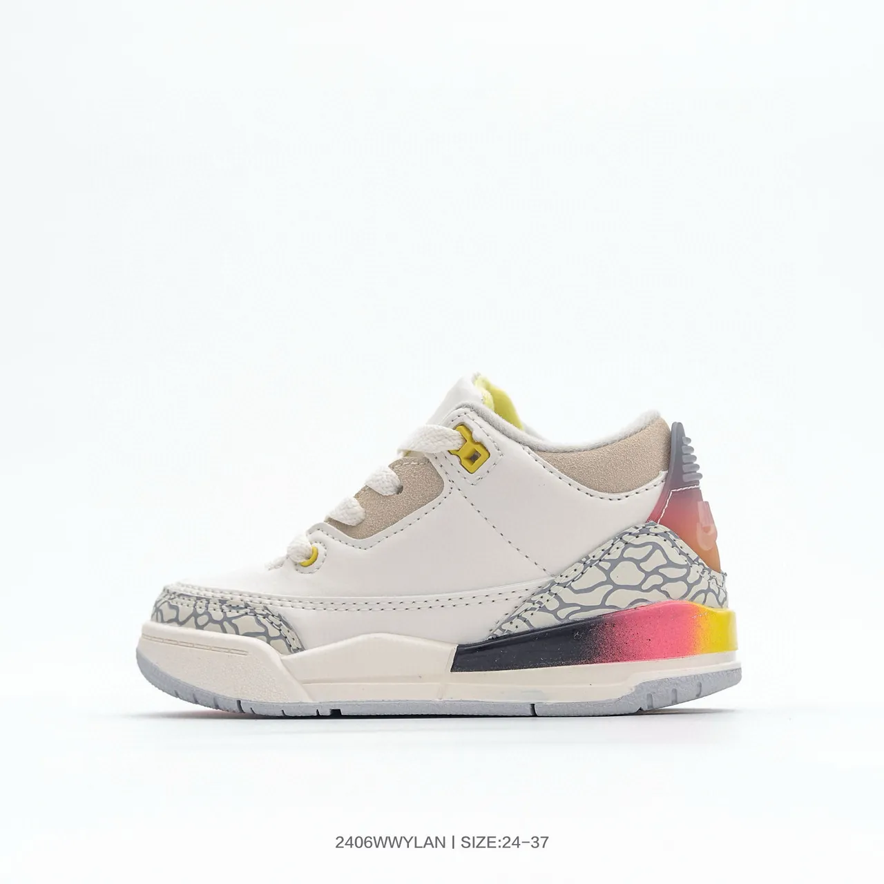 Air Jordan 3 बच्चों के सफ़ेद नारंगी एलिफ़ेंट प्रिंट बास्केटबॉल जूते 9
