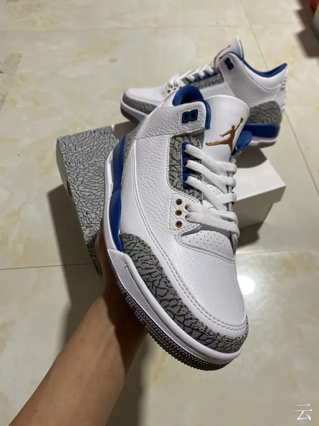 Tênis de basquete Air Jordan 3 branco e azul royal com estampa de elefante 2