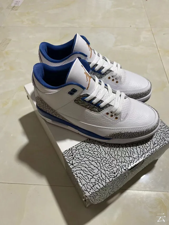 Tênis de basquete Air Jordan 3 branco e azul royal com estampa de elefante 8