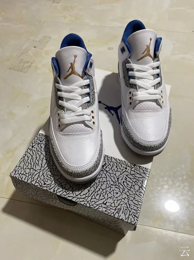 Tênis de basquete Air Jordan 3 branco e azul royal com estampa de elefante 9