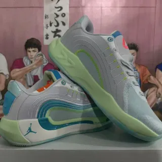 Air Jordan 37 Gray Blue Layered Wave Midsole Mesh And Synthetic Cage Upper Basketball Shoes