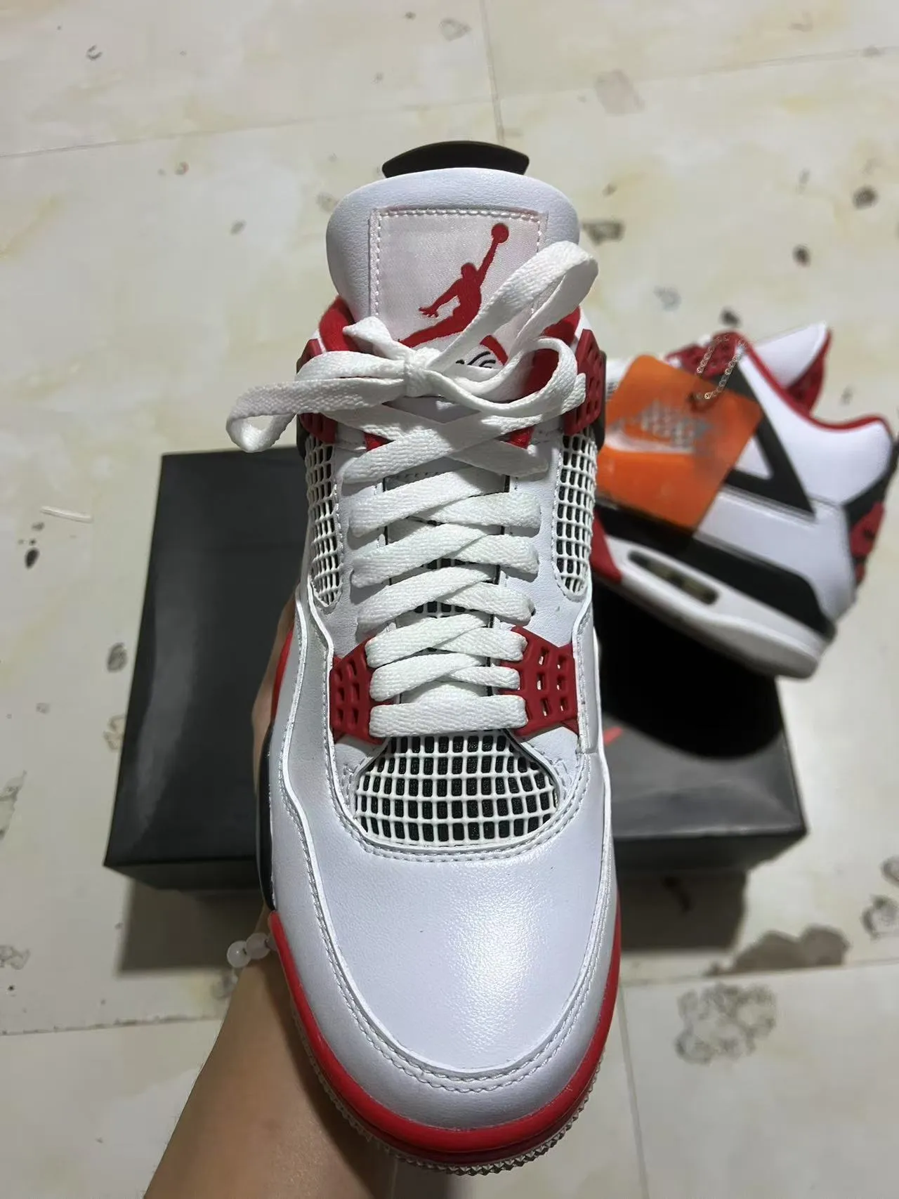 Air Jordan 4 Branco Preto Vermelho Tênis de Basquete 3