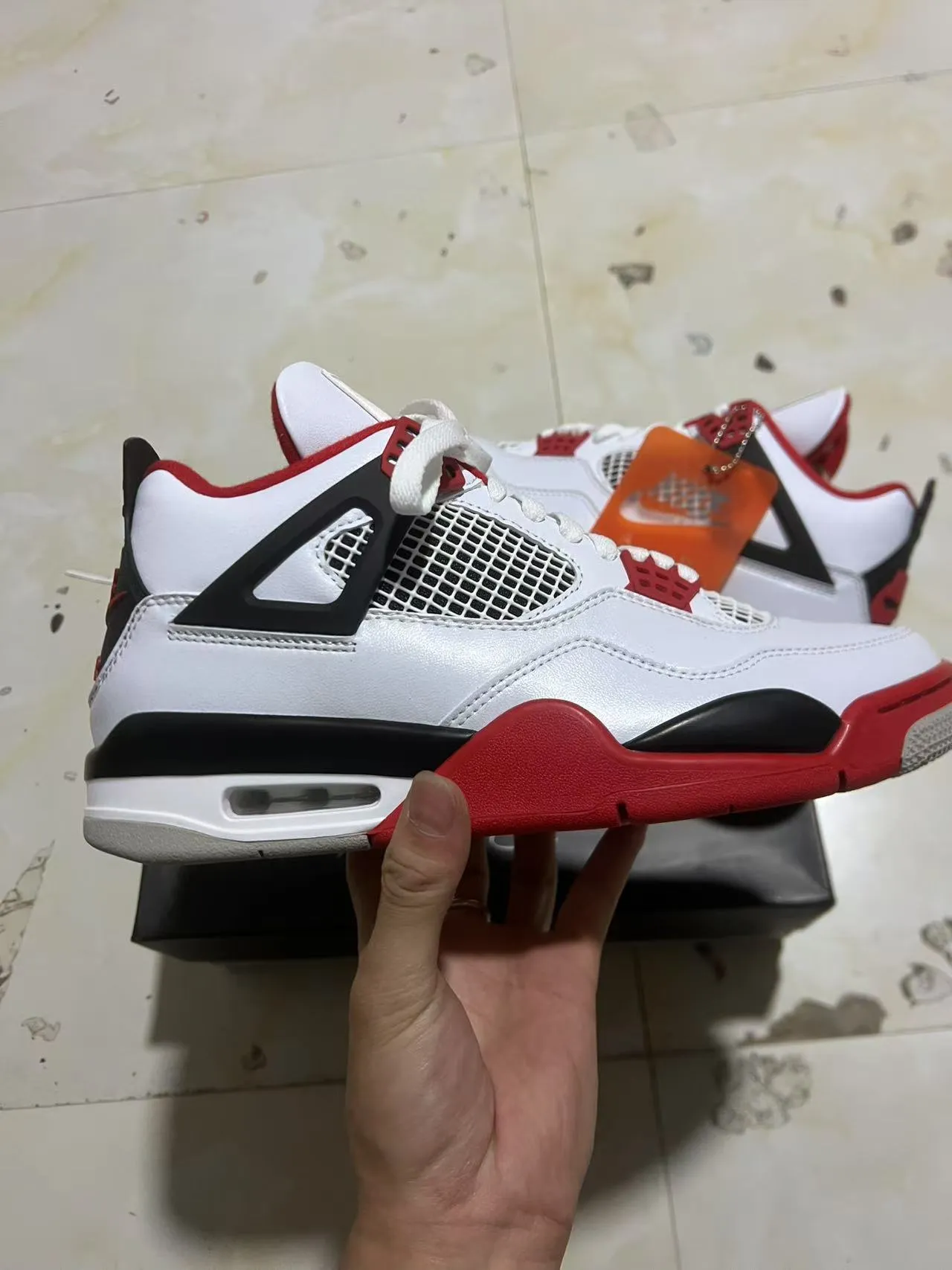 Air Jordan 4 Branco Preto Vermelho Tênis de Basquete 7