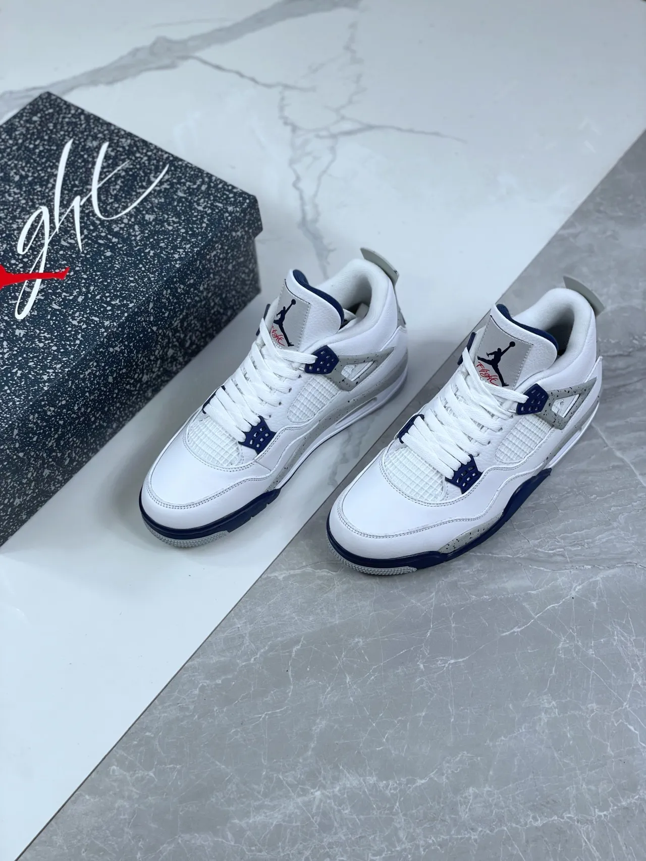 Air Jordan 4 Branco Navy Cimento Tênis de Basquete 8