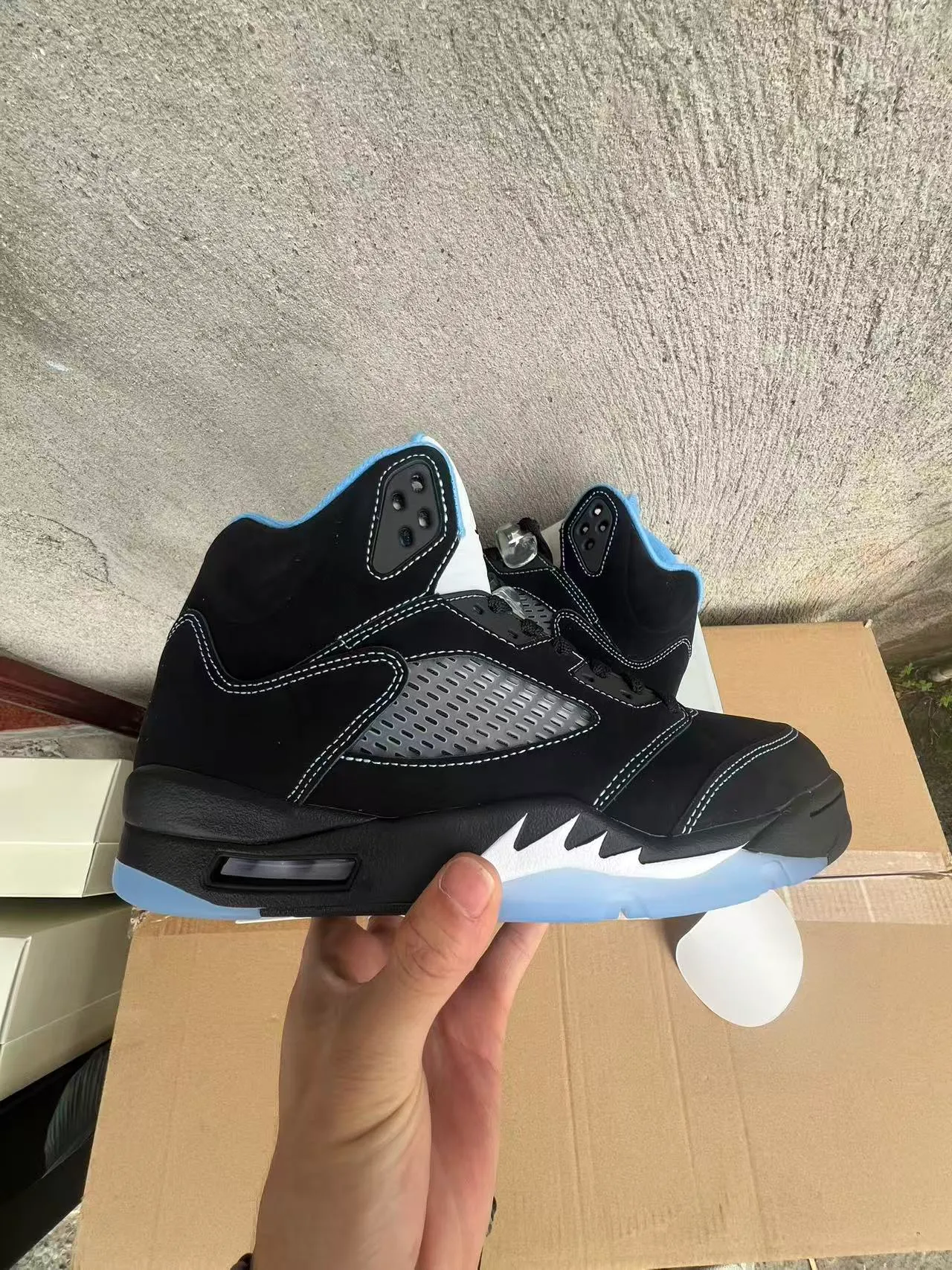 Tênis de basquete Air Jordan 5 preto azul claro branco 7
