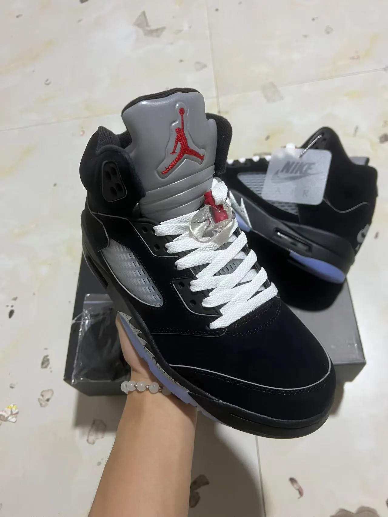Air Jordan 5 Black Silver Light Blue Basketball Shoes 2
