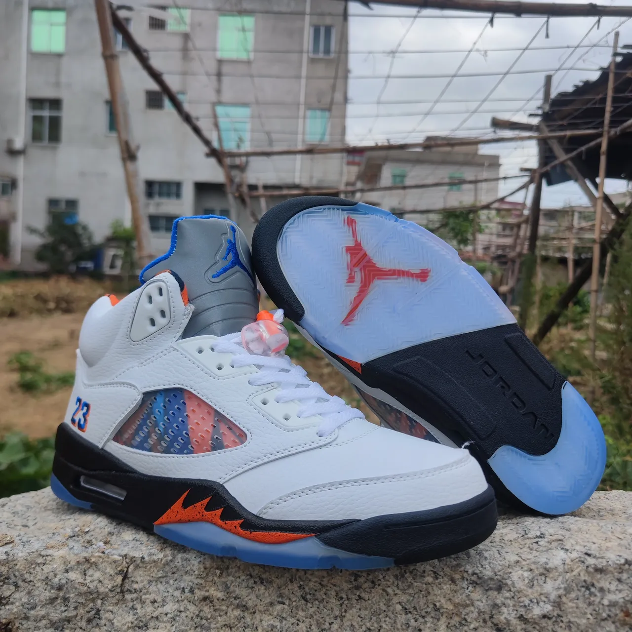 Air Jordan 5 White Blue Orange Black Basketball Shoes 2