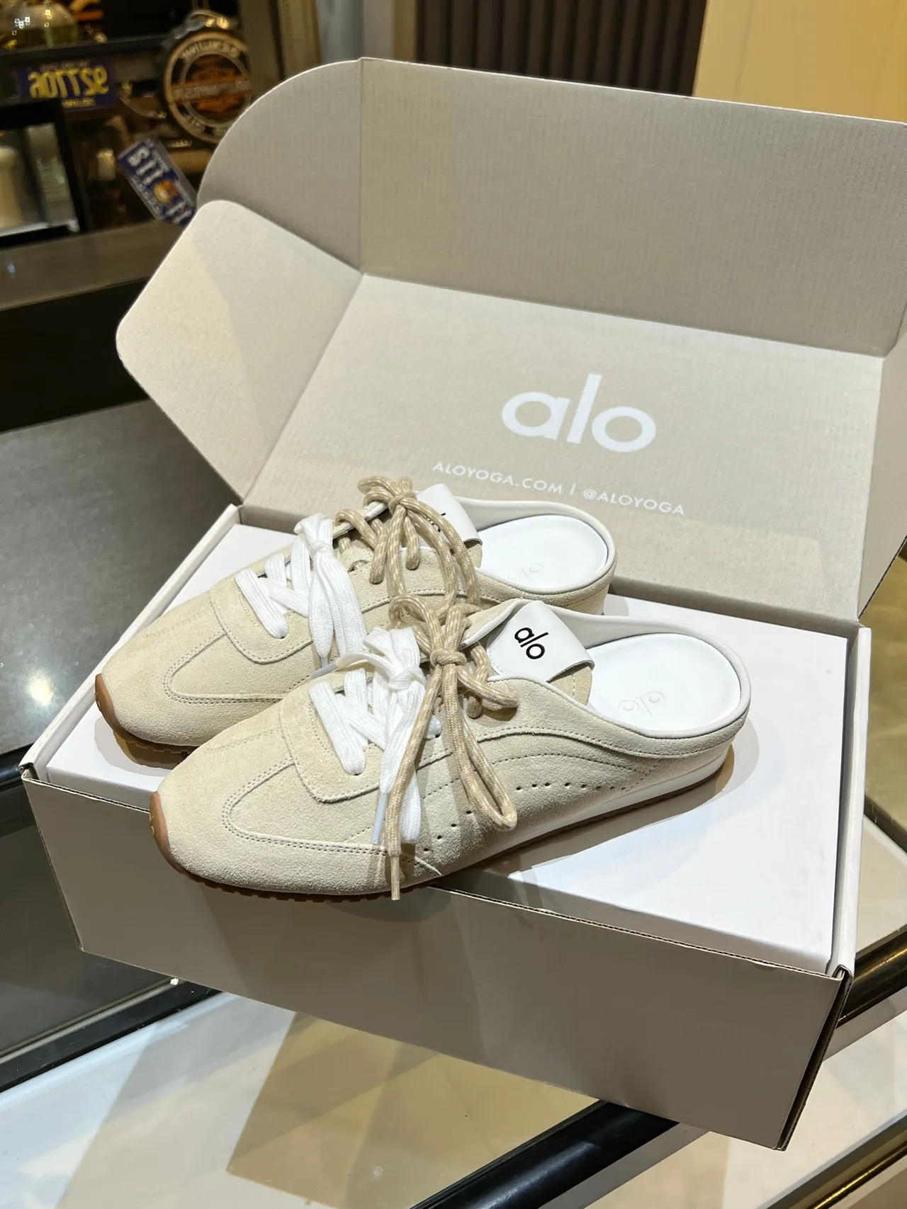 Alo Beige White Suede Upper Lace-Tie Detail Lifestyle Sneakers 3