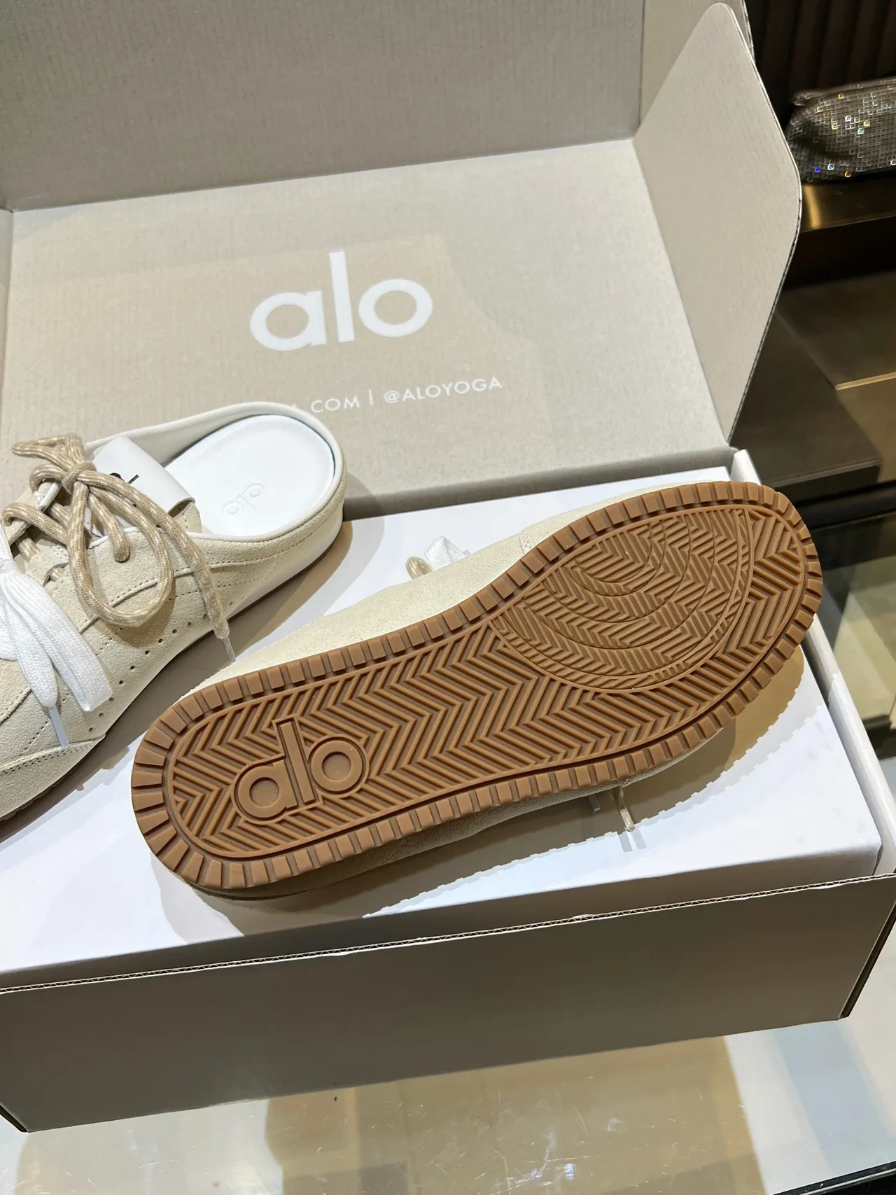 Alo Beige White Suede Upper Lace-Tie Detail Lifestyle Sneakers 4
