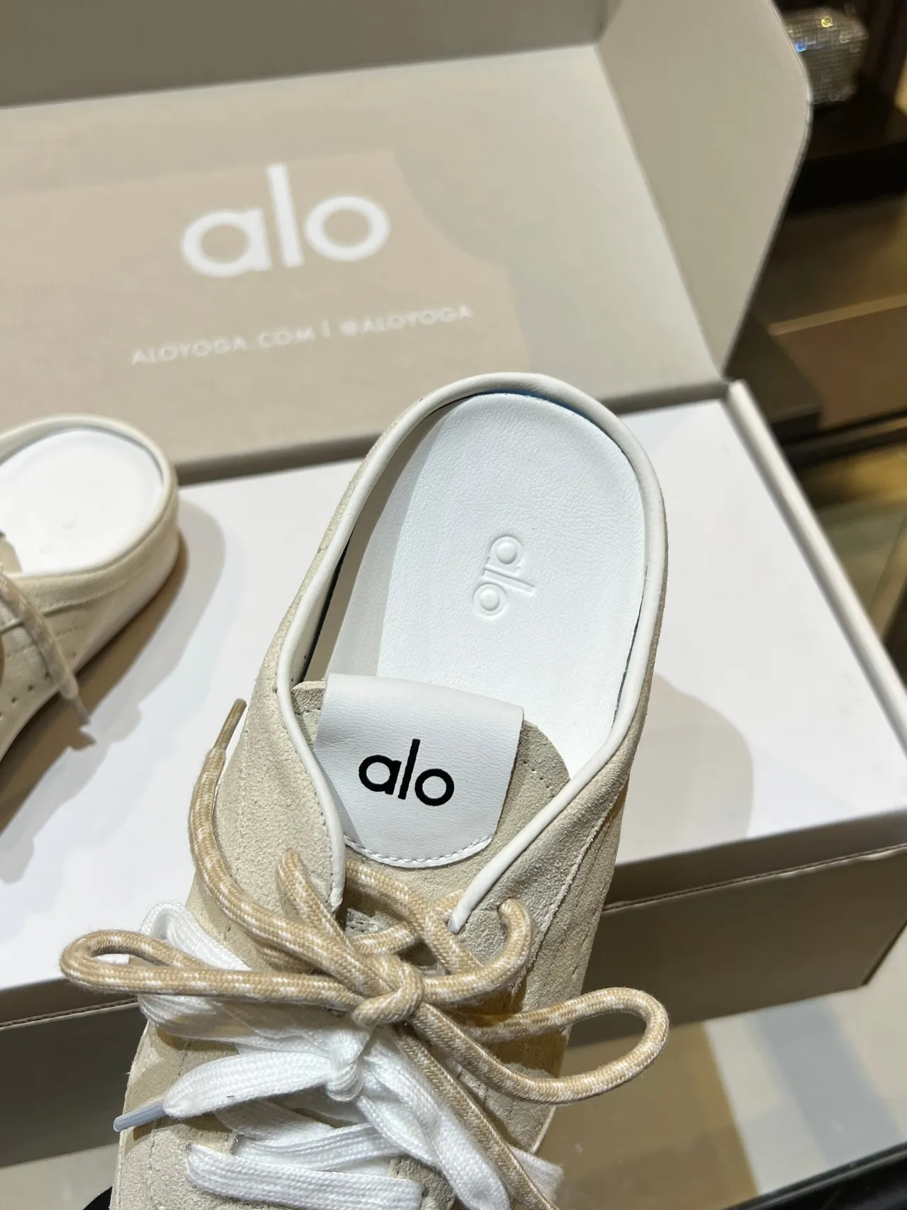 Alo Beige White Suede Upper Lace-Tie Detail Lifestyle Sneakers 5