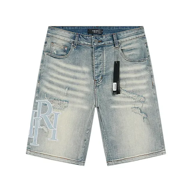 Amiri Embroidered Monogram Light-Wash Distressed Denim Shorts 2