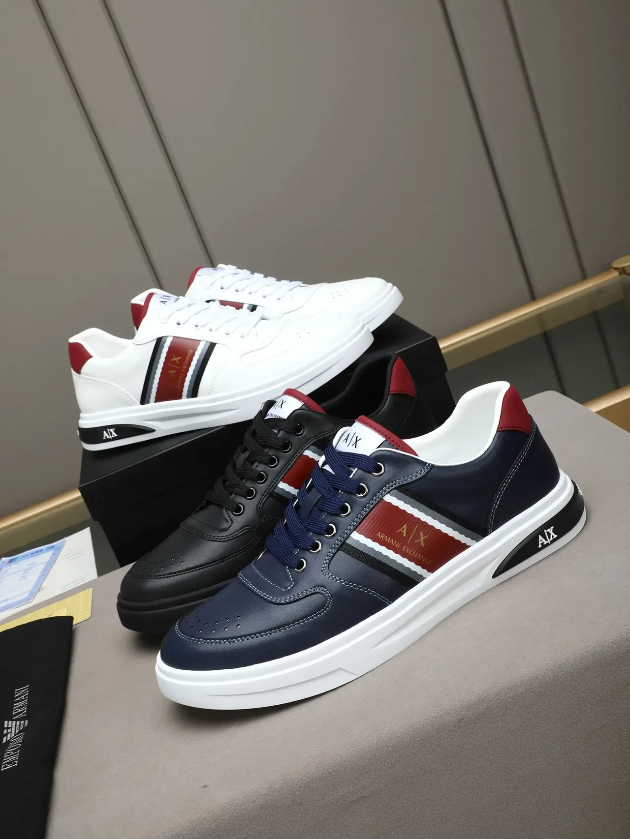 Armani Exchange White Burgundy Leather Upper Black Striped Side Panel Sneakers 2