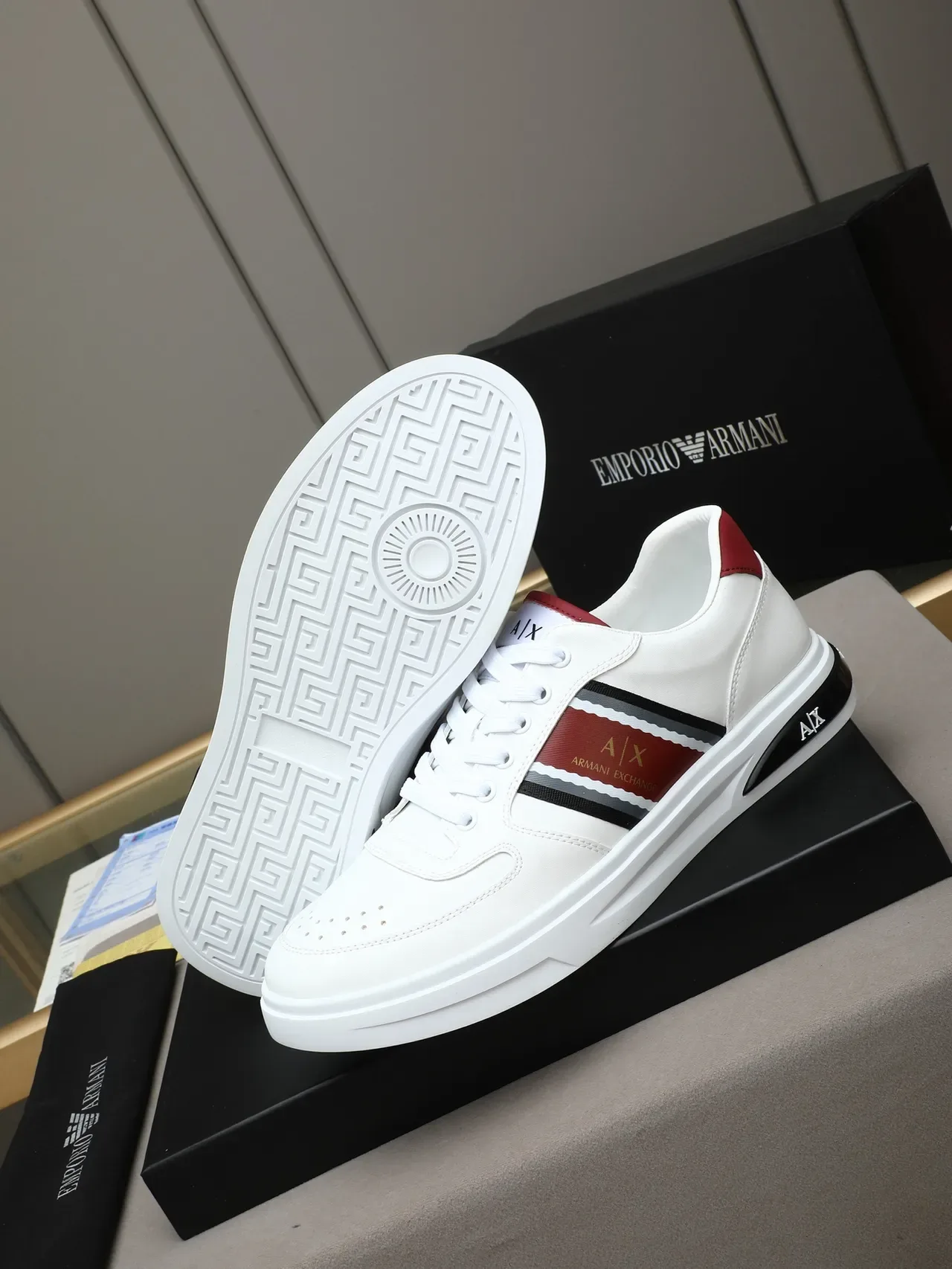 Armani Exchange White Burgundy Leather Upper Black Striped Side Panel Sneakers 5