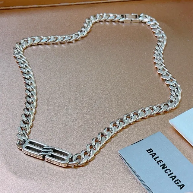 Balenciaga BB Logo Curb Chain Silver Necklace 4