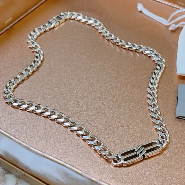 Balenciaga BB Logo Curb Chain Silver Necklace 6