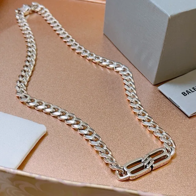 Balenciaga BB Logo Curb Chain Silver Necklace 9