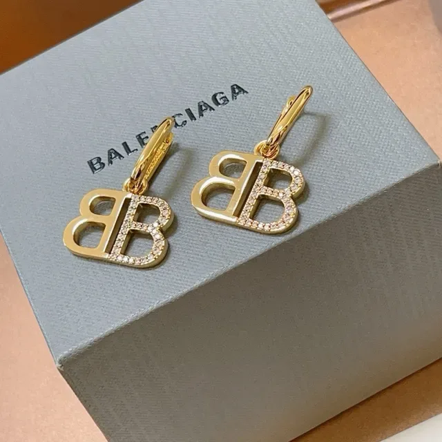 Balenciaga BB Logo Boucles d'Oreilles Pavé-Crystal Dorées Pendantes 2