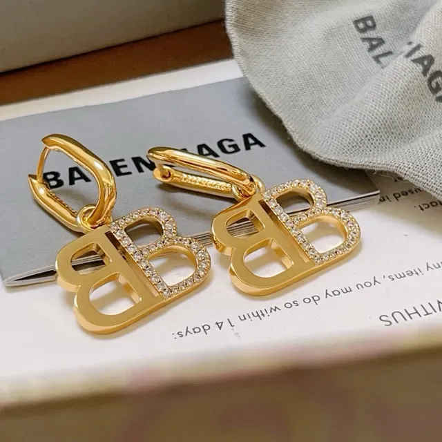 Balenciaga BB Logo Boucles d'Oreilles Pavé-Crystal Dorées Pendantes 4