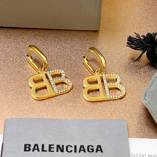 Balenciaga BB Logo Boucles d'Oreilles Pavé-Crystal Dorées Pendantes 5