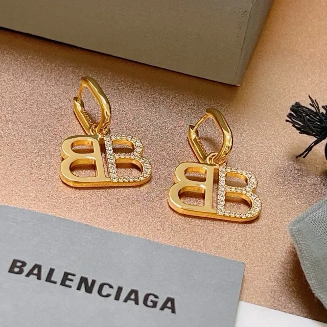 Balenciaga BB Logo Boucles d'Oreilles Pavé-Crystal Dorées Pendantes 6
