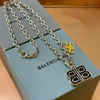 Balenciaga BB Necklace Silver Gold Curb Chain Black Enamel Pendant Necklace