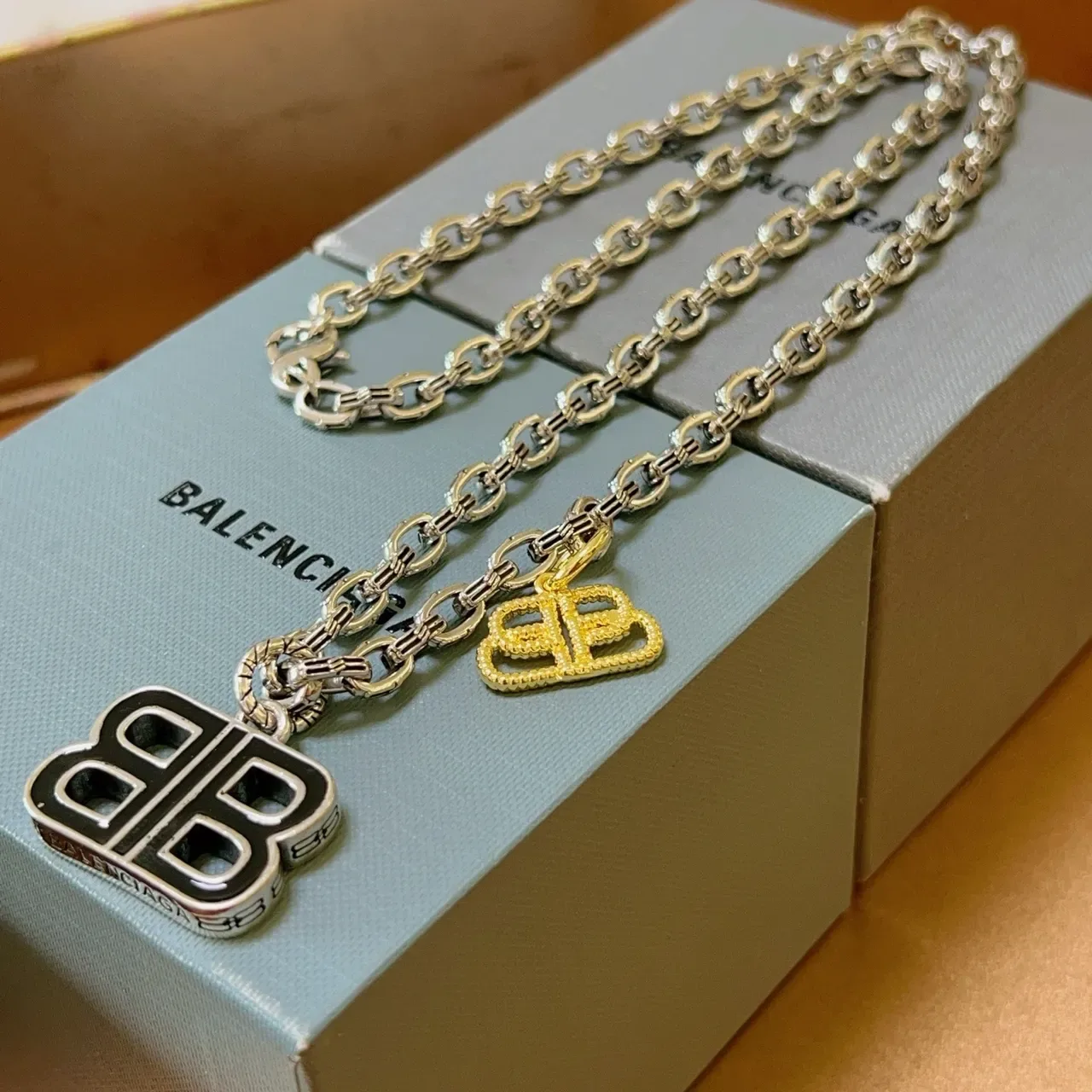 Balenciaga BB Necklace Silver Gold Curb Chain Black Enamel Pendant Necklace 3