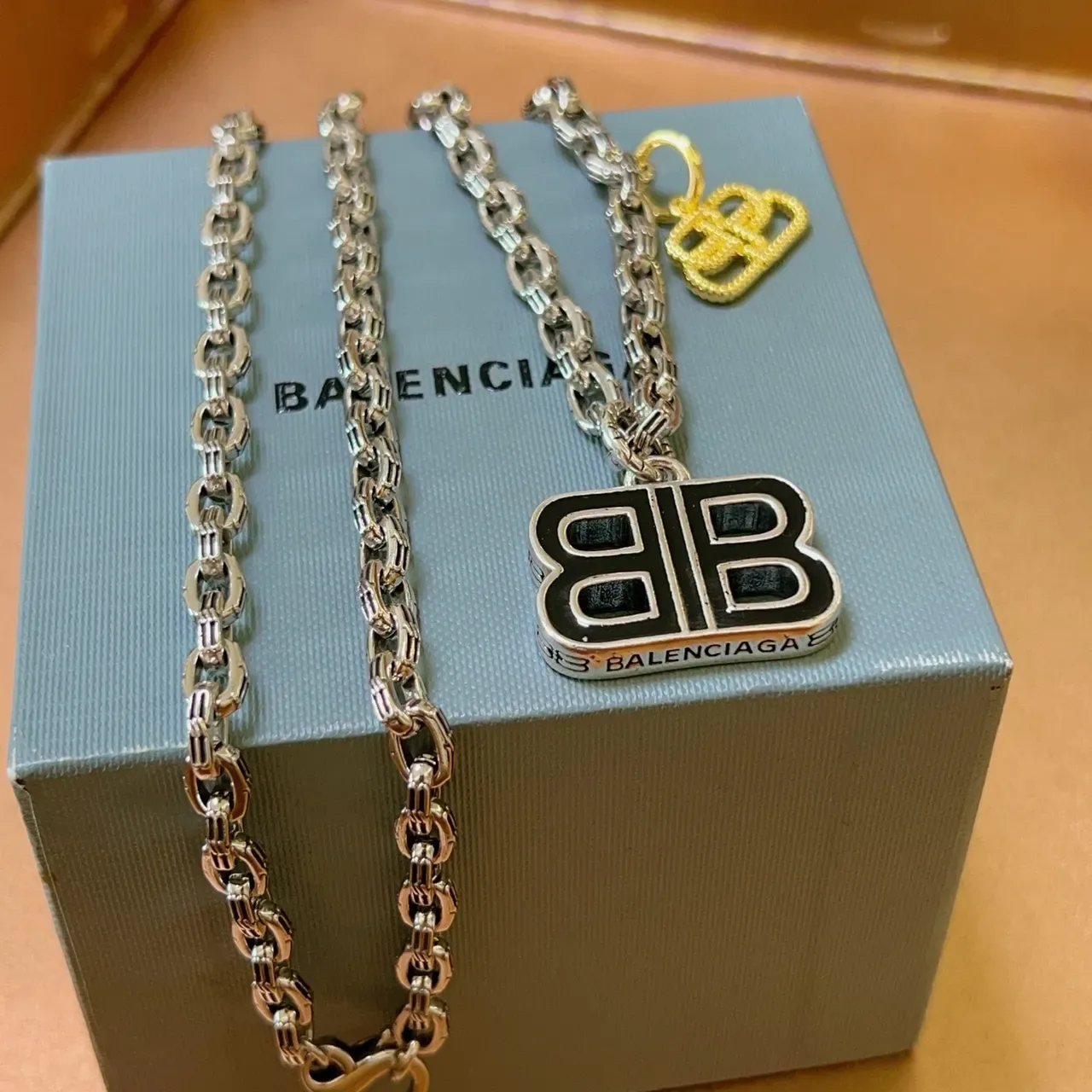 Balenciaga BB Necklace Silver Gold Curb Chain Black Enamel Pendant Necklace 4