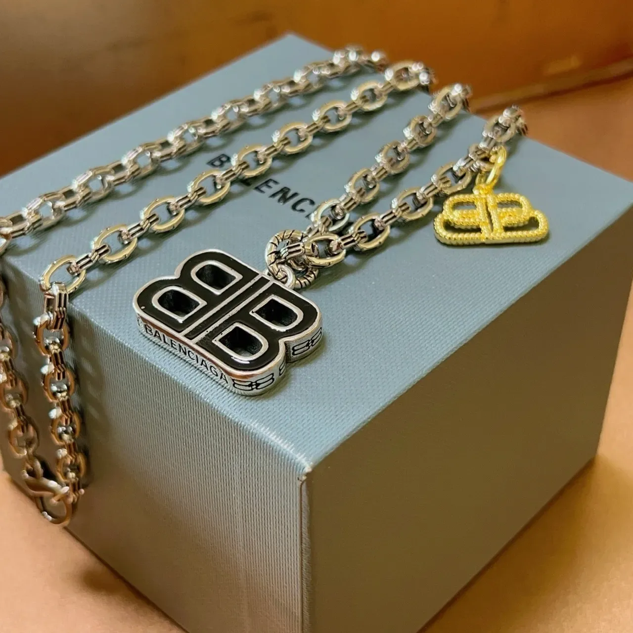 Balenciaga BB Necklace Silver Gold Curb Chain Black Enamel Pendant Necklace 6