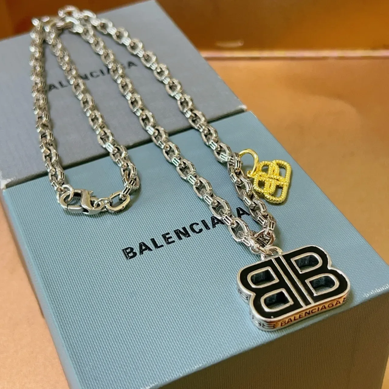 Balenciaga BB Necklace Silver Gold Curb Chain Black Enamel Pendant Necklace 7