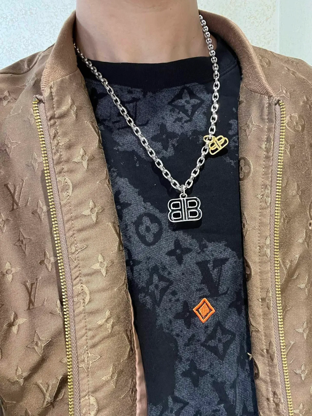 Balenciaga BB Necklace Silver Gold Curb Chain Black Enamel Pendant Necklace 8