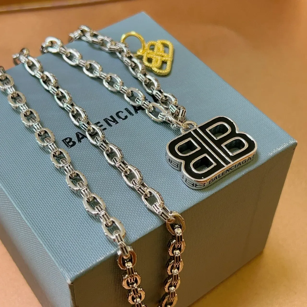 Balenciaga BB Necklace Silver Gold Curb Chain Black Enamel Pendant Necklace 9