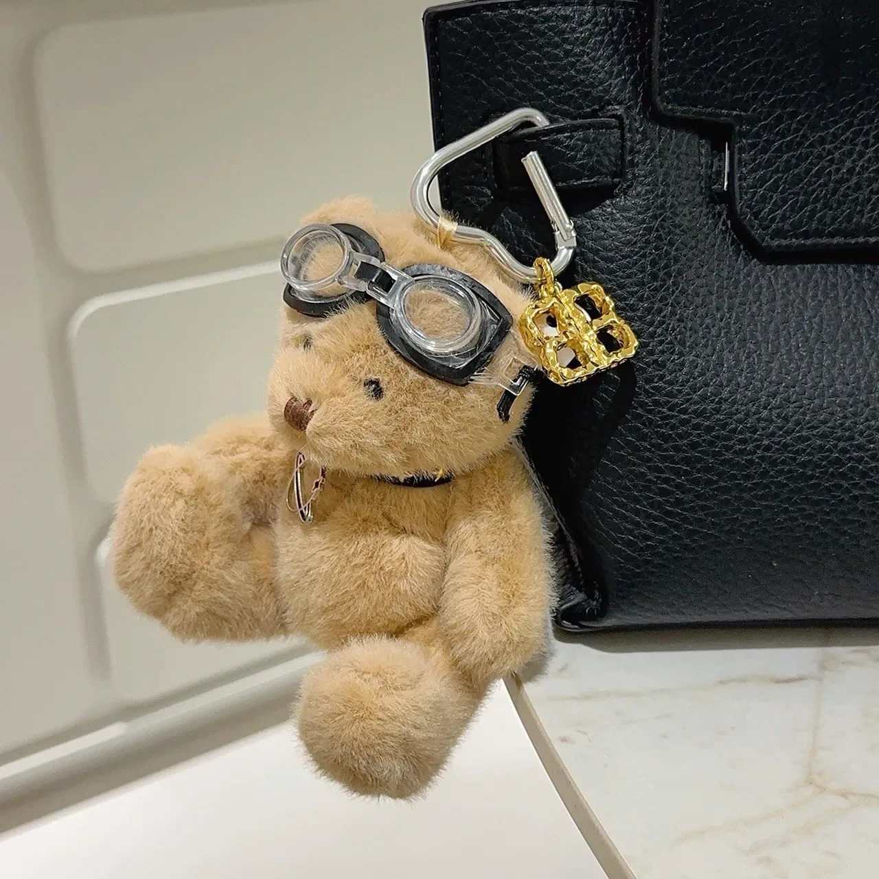 Balenciaga Beige Gold Plush Teddy Bear Aviator Goggles Handbag 2