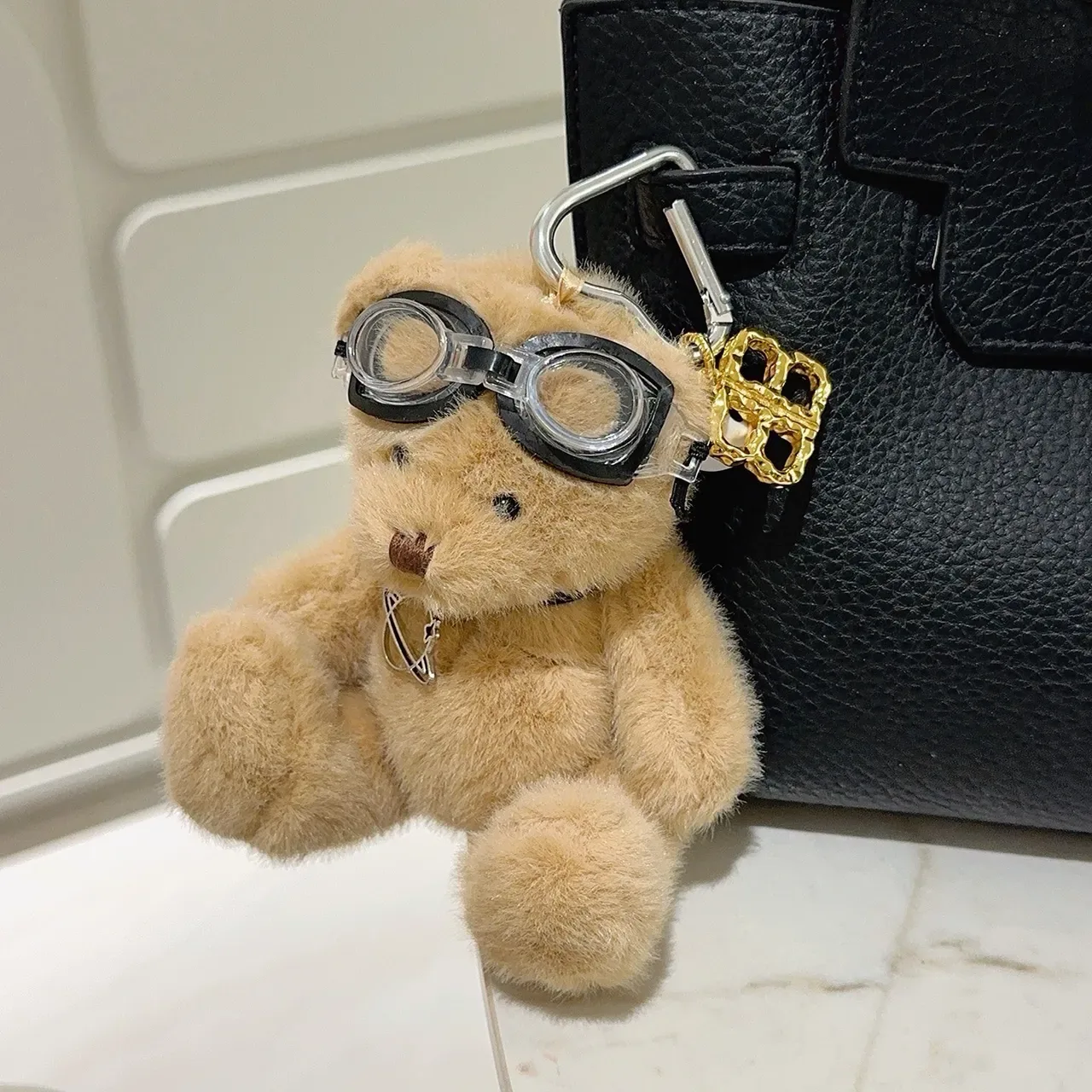 Balenciaga Beige Gold Plush Teddy Bear Aviator Goggles Handbag 4