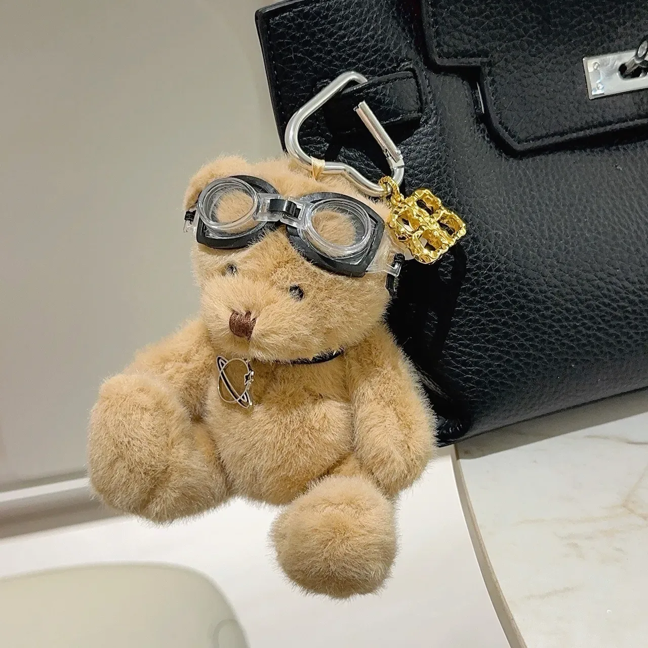 Balenciaga Beige Gold Plush Teddy Bear Aviator Goggles Handbag 6